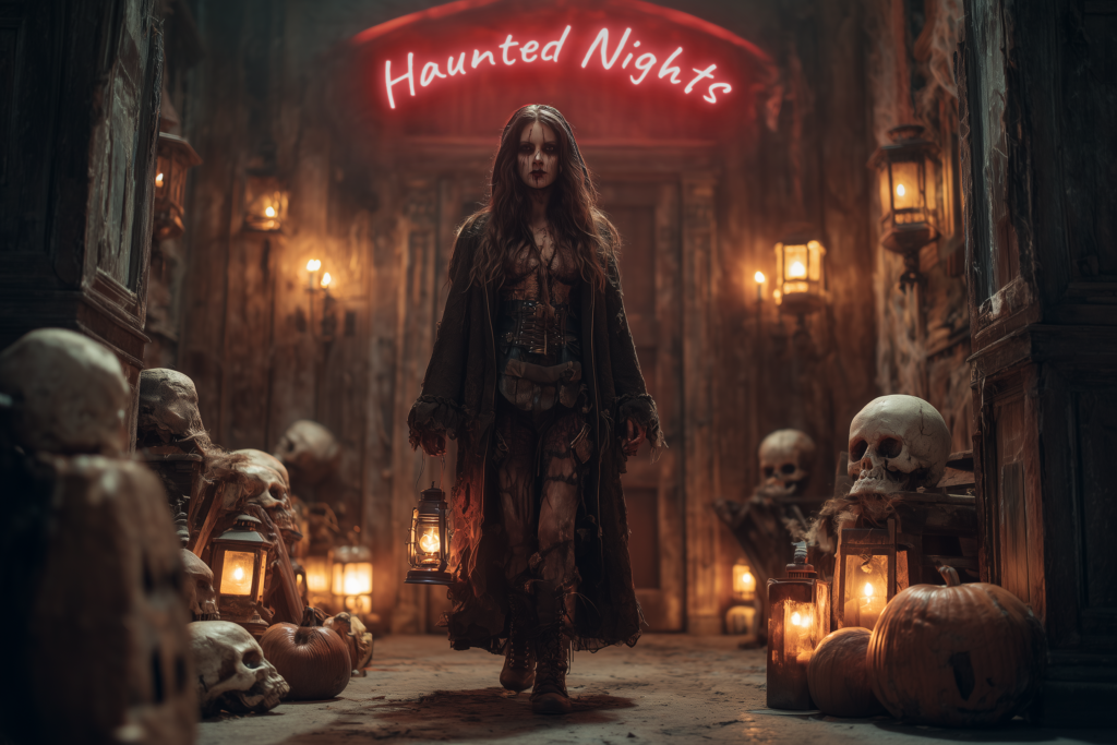 lady vor einer Haunted Mansion